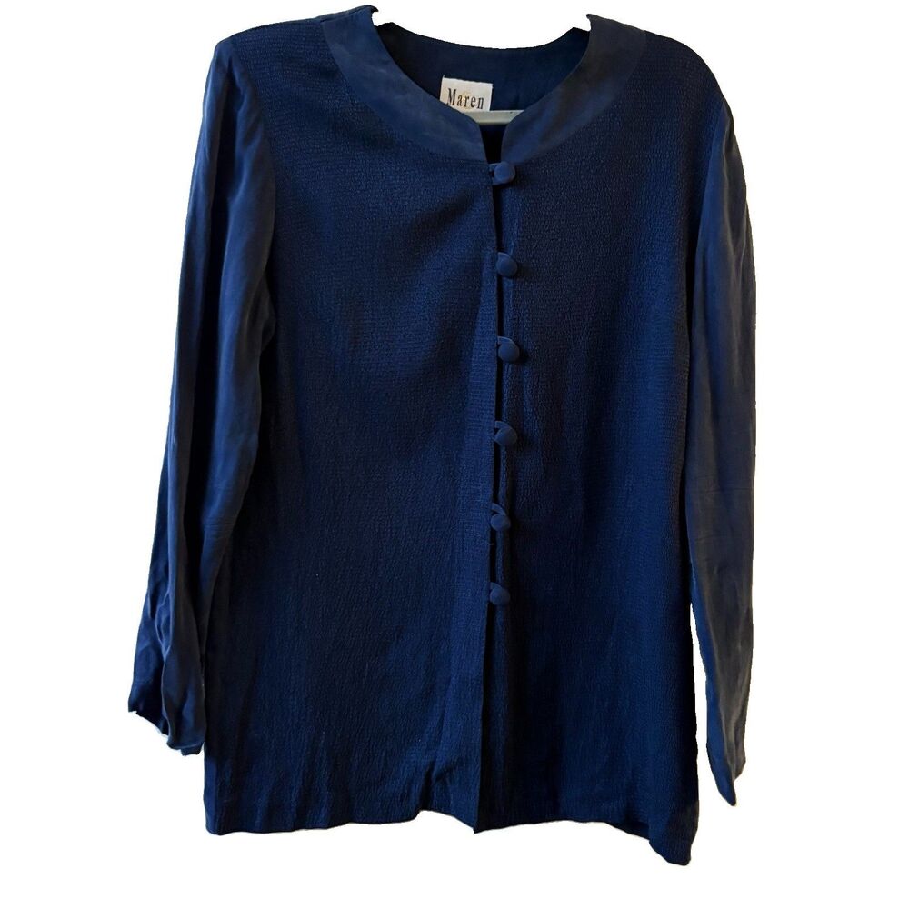 Vintage Maren Women’s Blouse Size 12 Blue Solid Long Sleeve Button Front